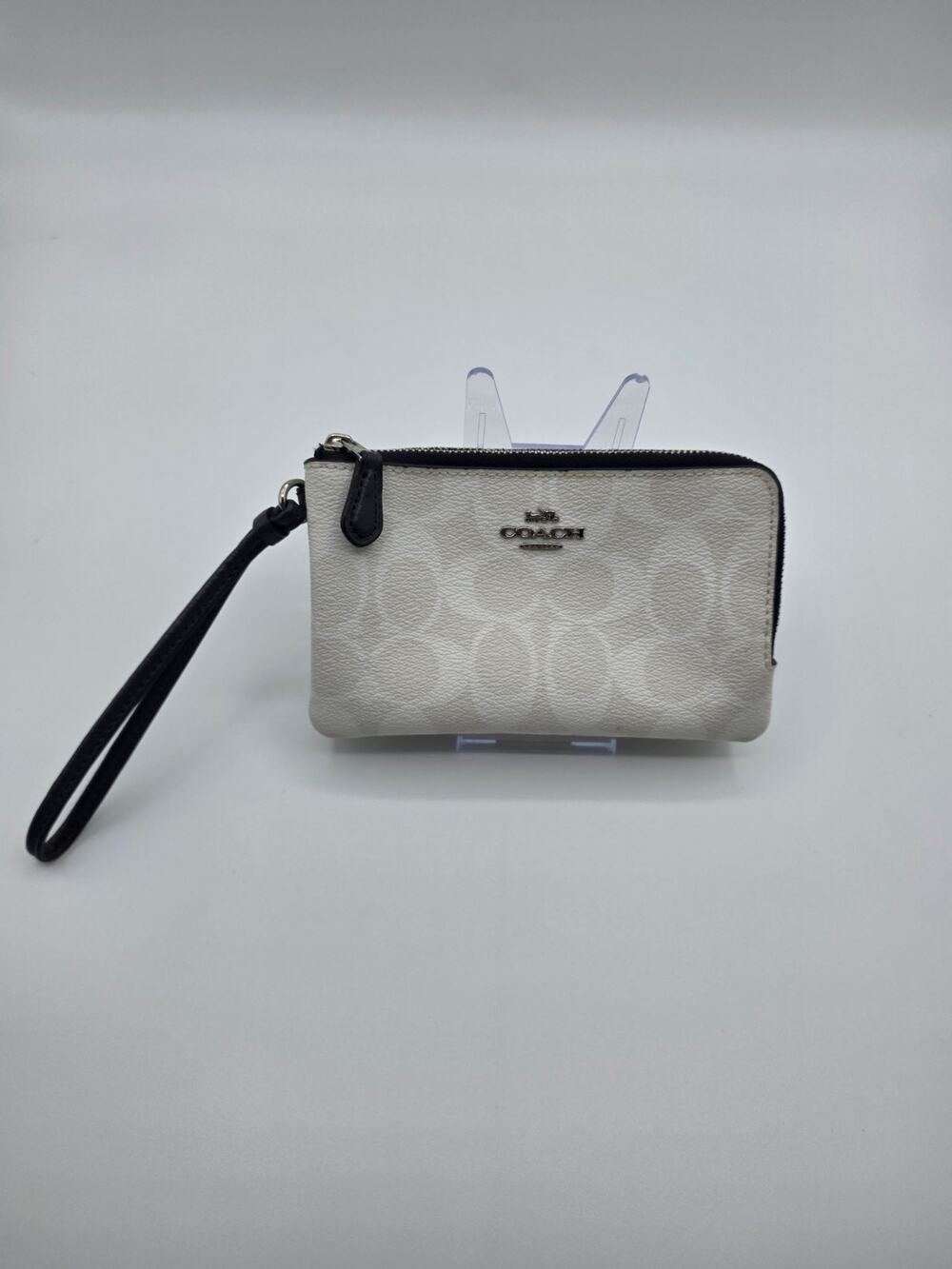 Coach Double Zip Wristlet White Signature C Canvas Black Leather Wallet EUC
